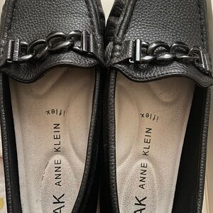 Anne Klein Black Textured Leather Loafers with Chain Detail